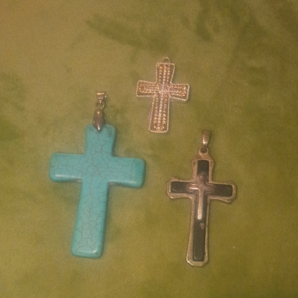 Turquoise and Silver Cross Pendant Trio